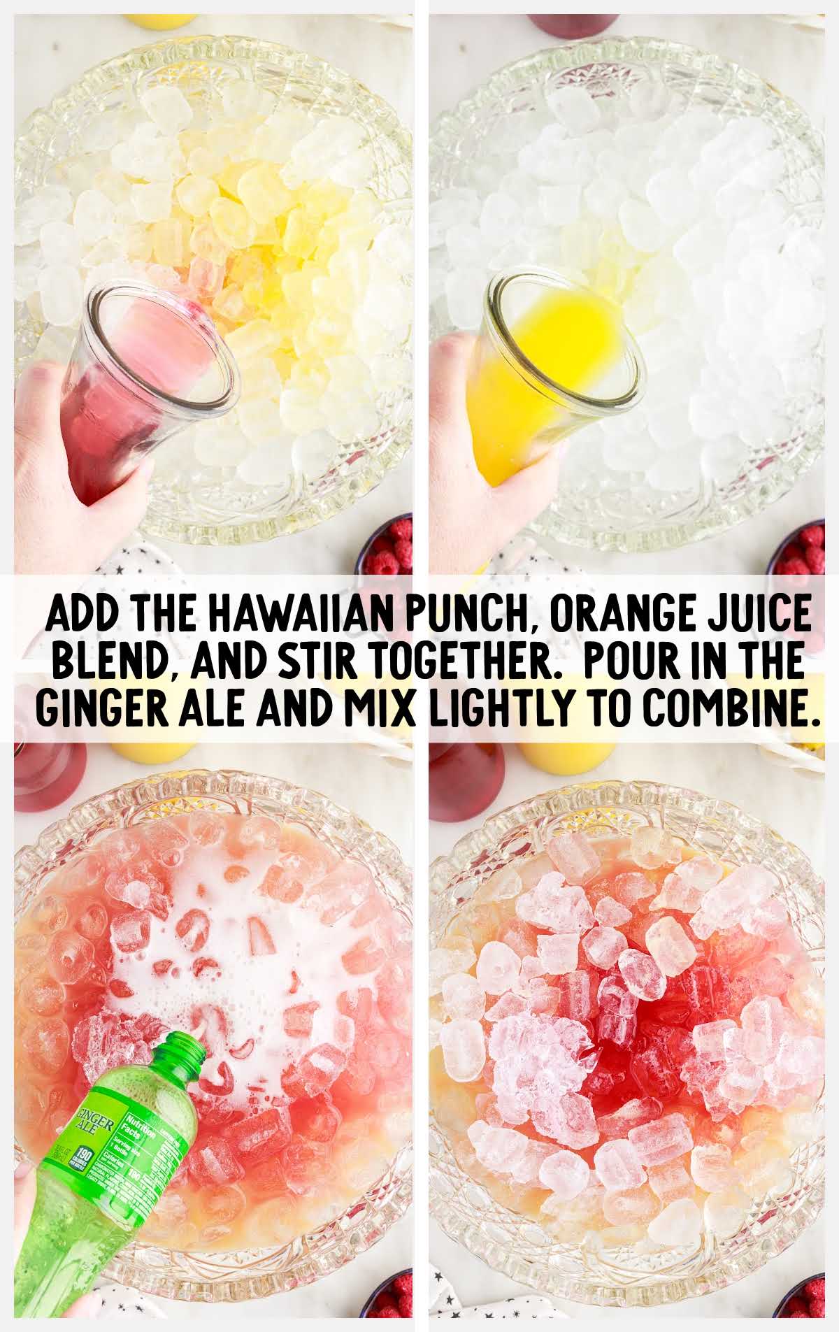 Hawaiian Punch and orange juice blend added to the punch bowl of ice