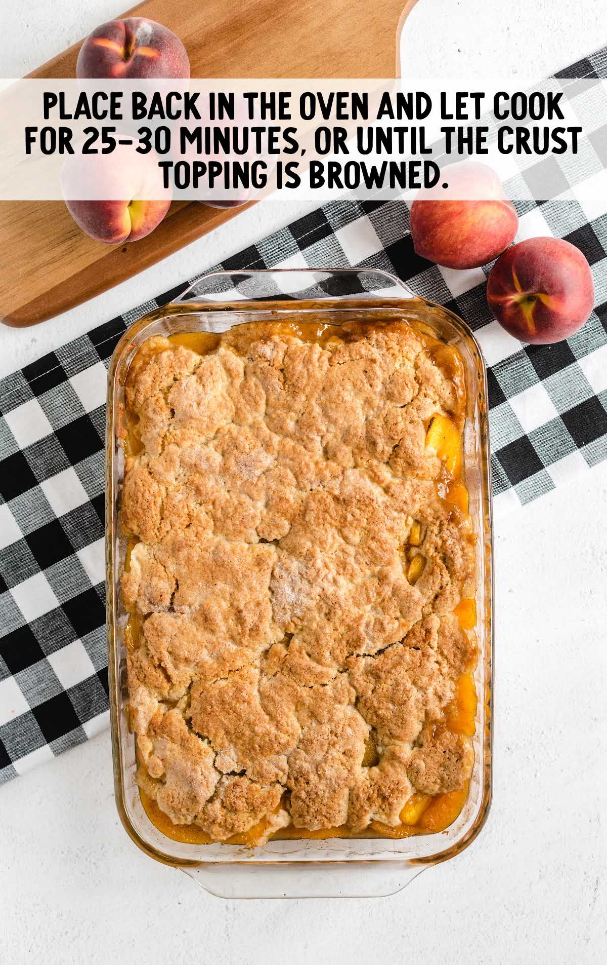 Peach Cobbler baked in a baking dish