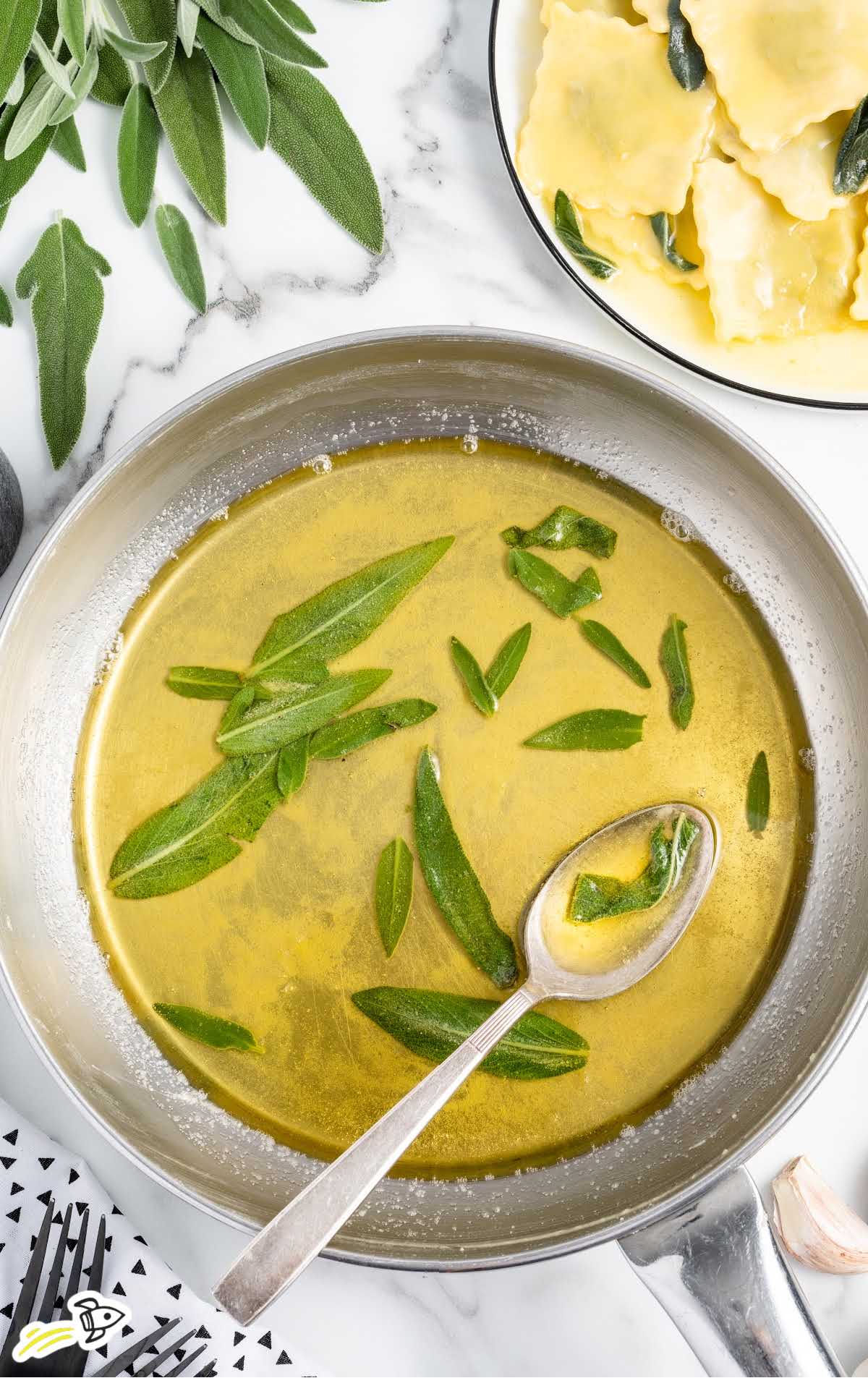 overhead shot of Sage Butter Sauce in a skillet