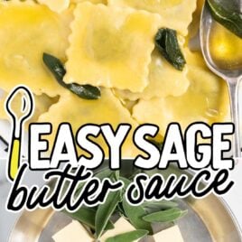 overhead shot of Sage Butter Sauce poured on top of raviolis on a plate