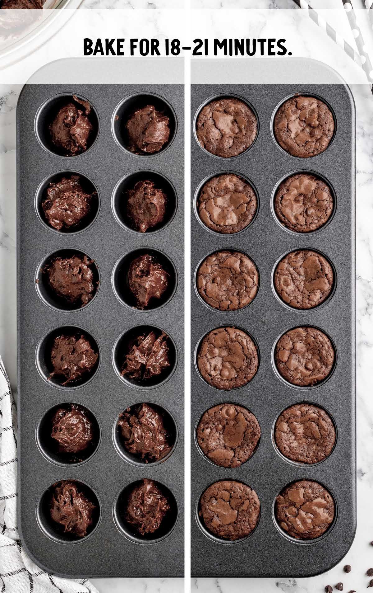 brownie bites batter placed into a muffin tin then baked