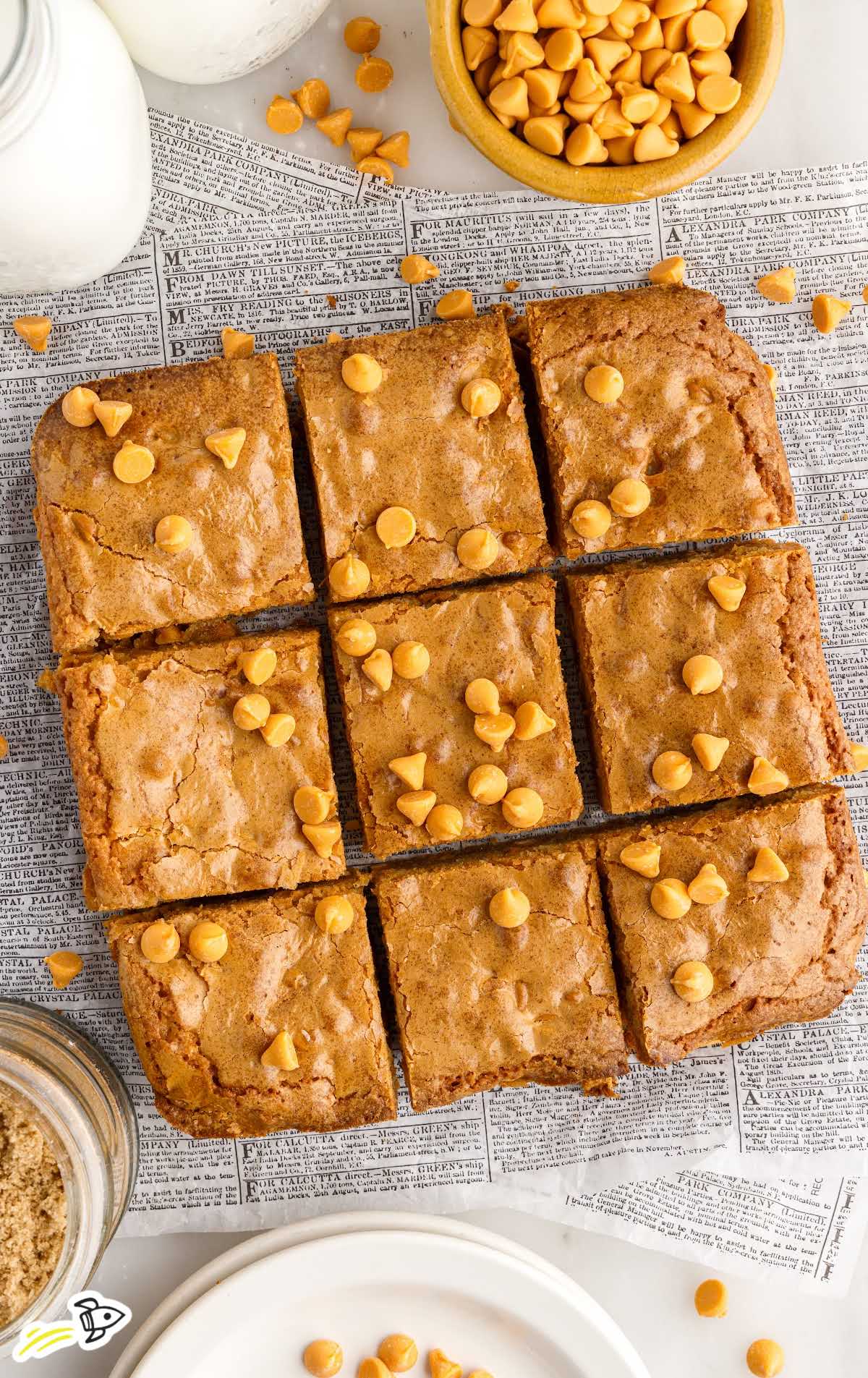 overhead shot of Butterscotch Blondies sliced into pieces