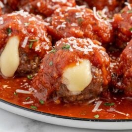 close up shot of Cheese Stuffed Meatballs on a plate