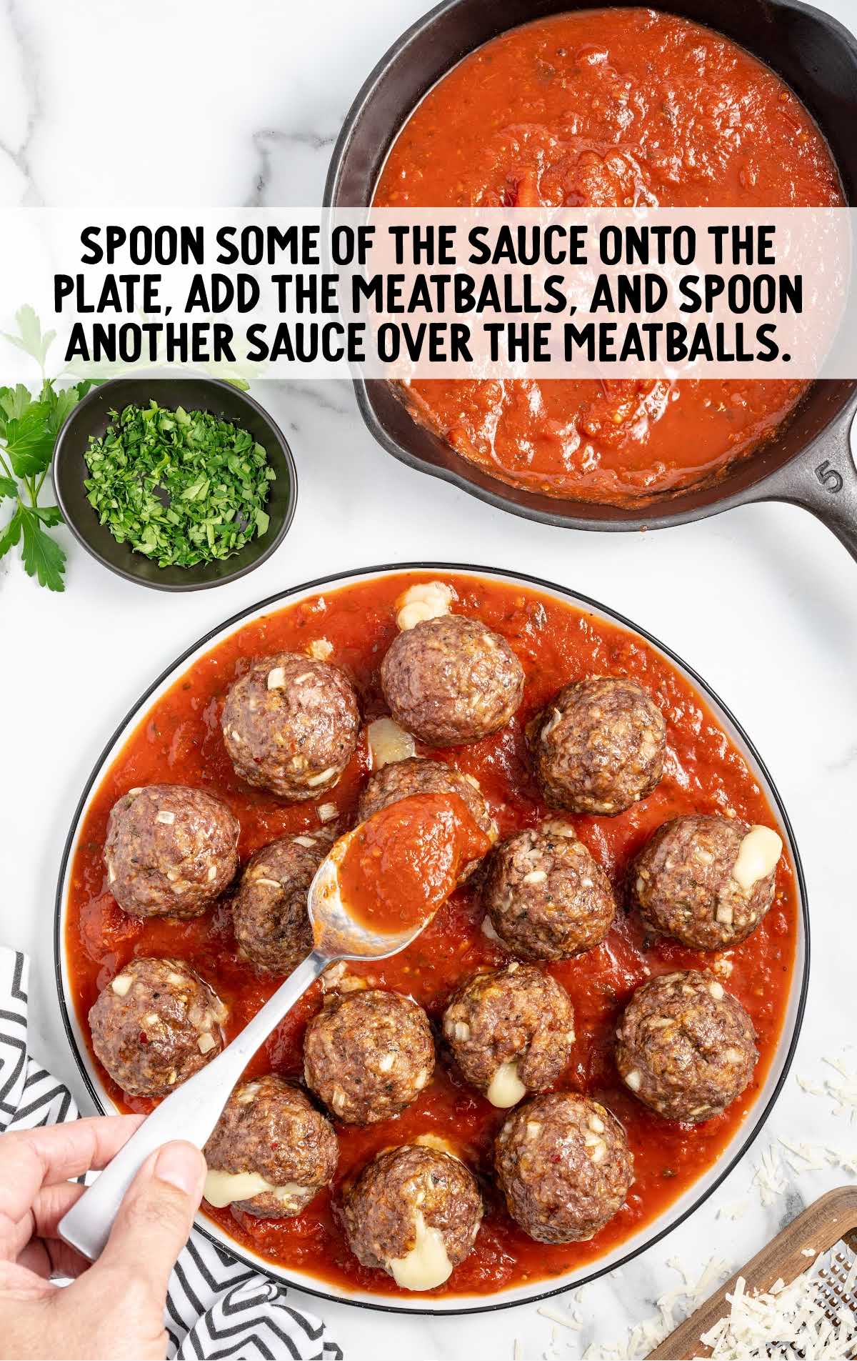 sauce spooned onto the plate and add meatballs