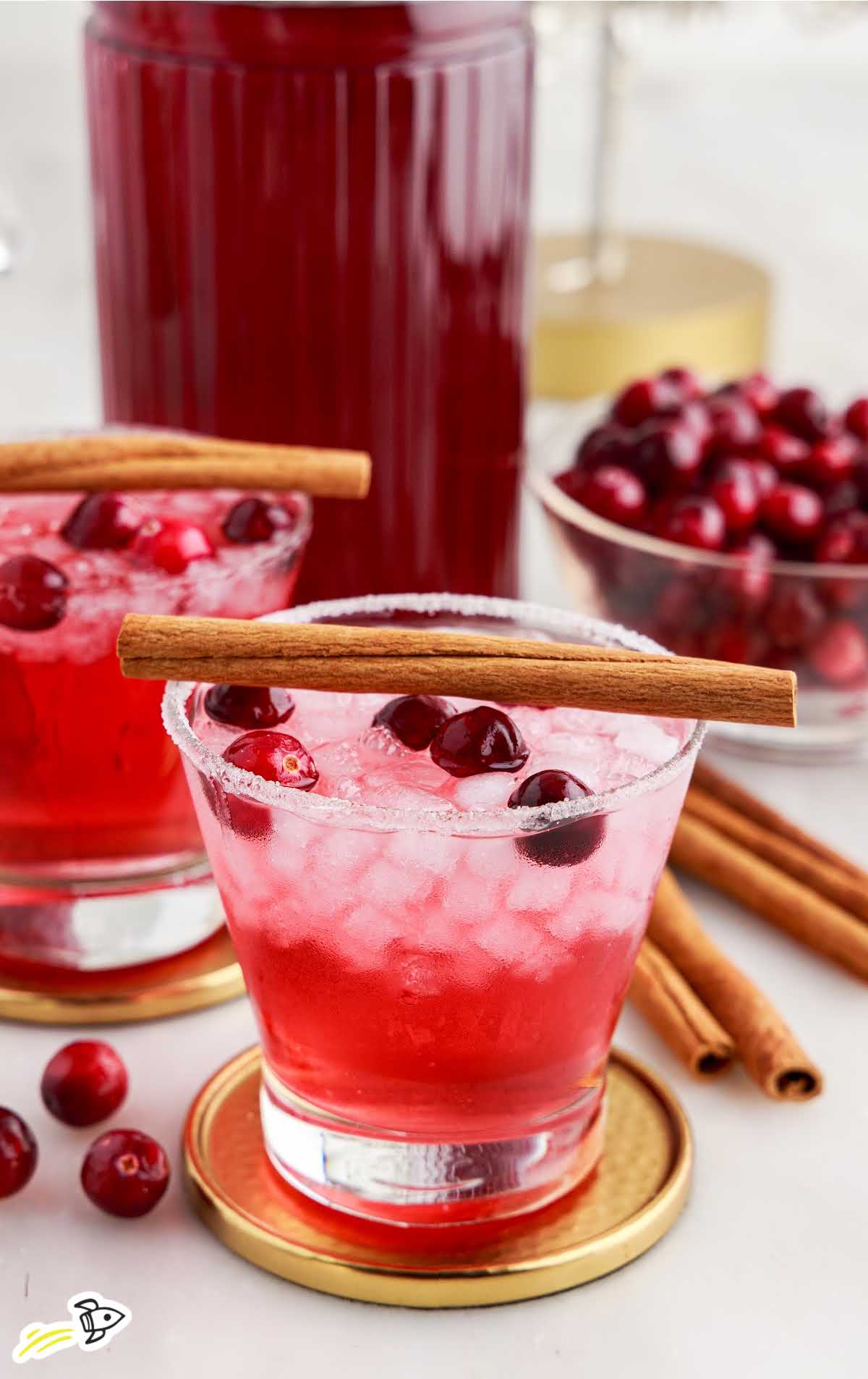 a glass of Cranberry Cocktails garnished with cranberries and cinnamon sticks