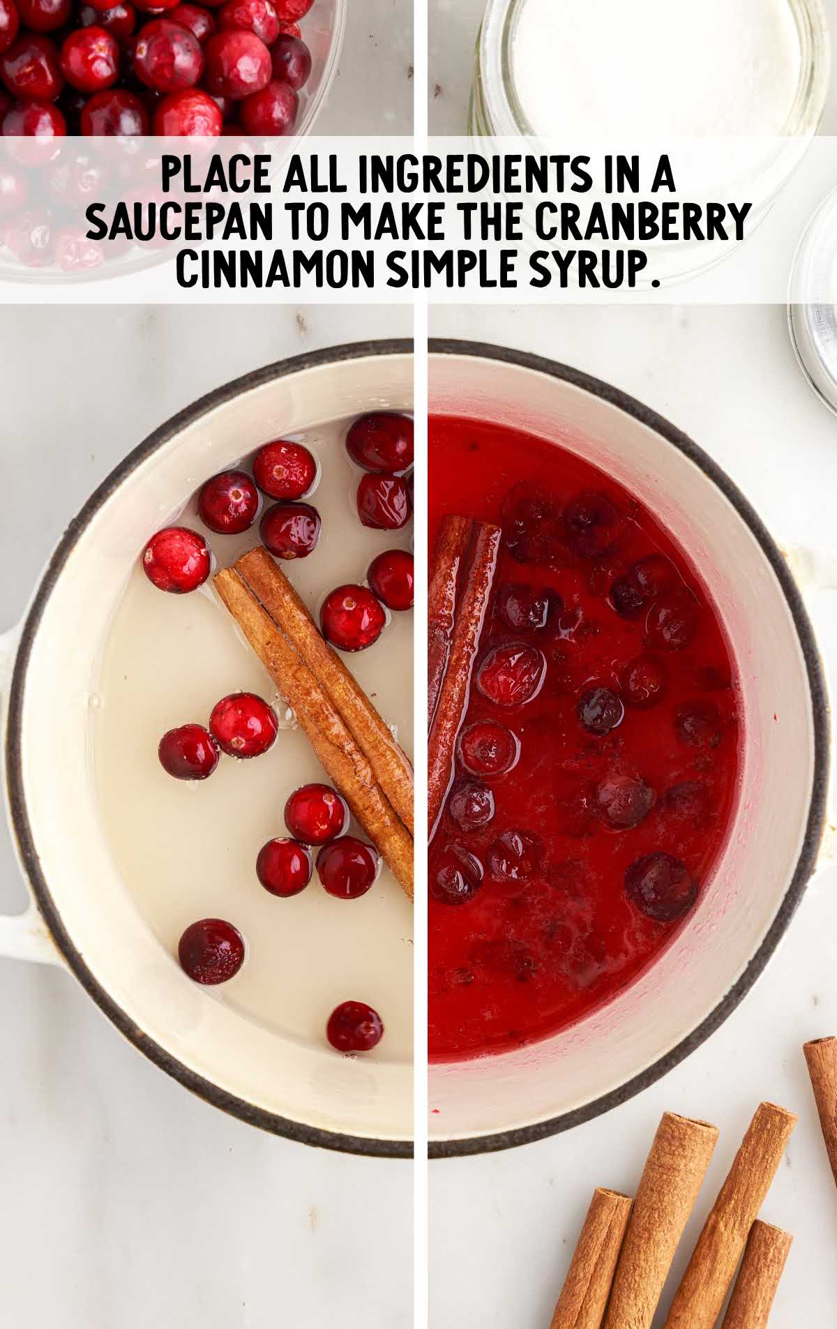 ingredients placed in a small saucepan to make the cranberry cinnamon simple syrup