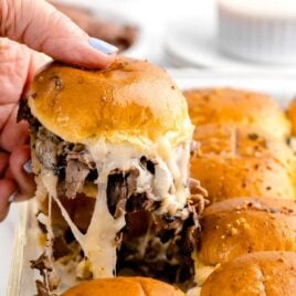 close up shot of French Dip Sliders being pulled apart