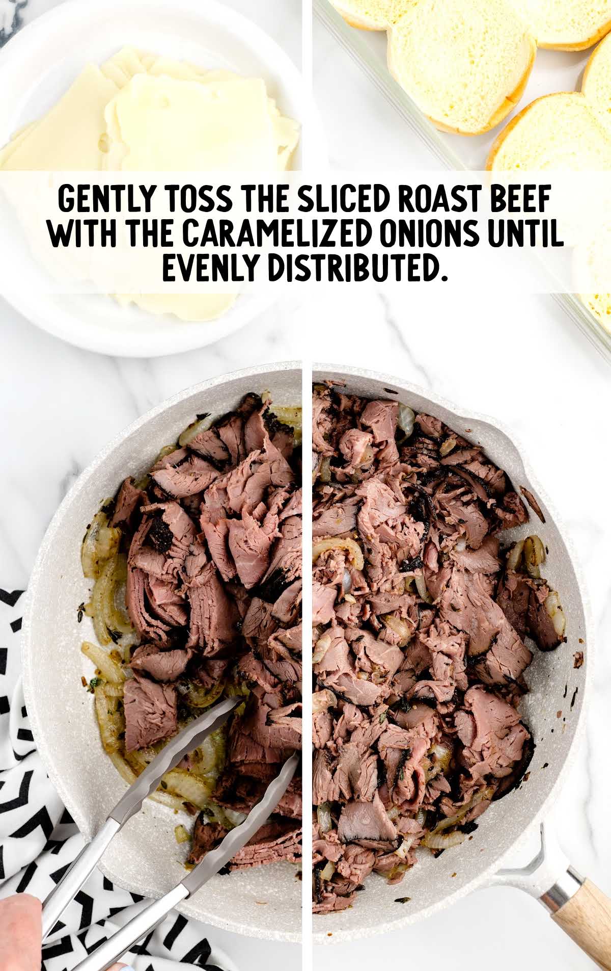 sliced roast beef and caramelized onions combined in a skillet