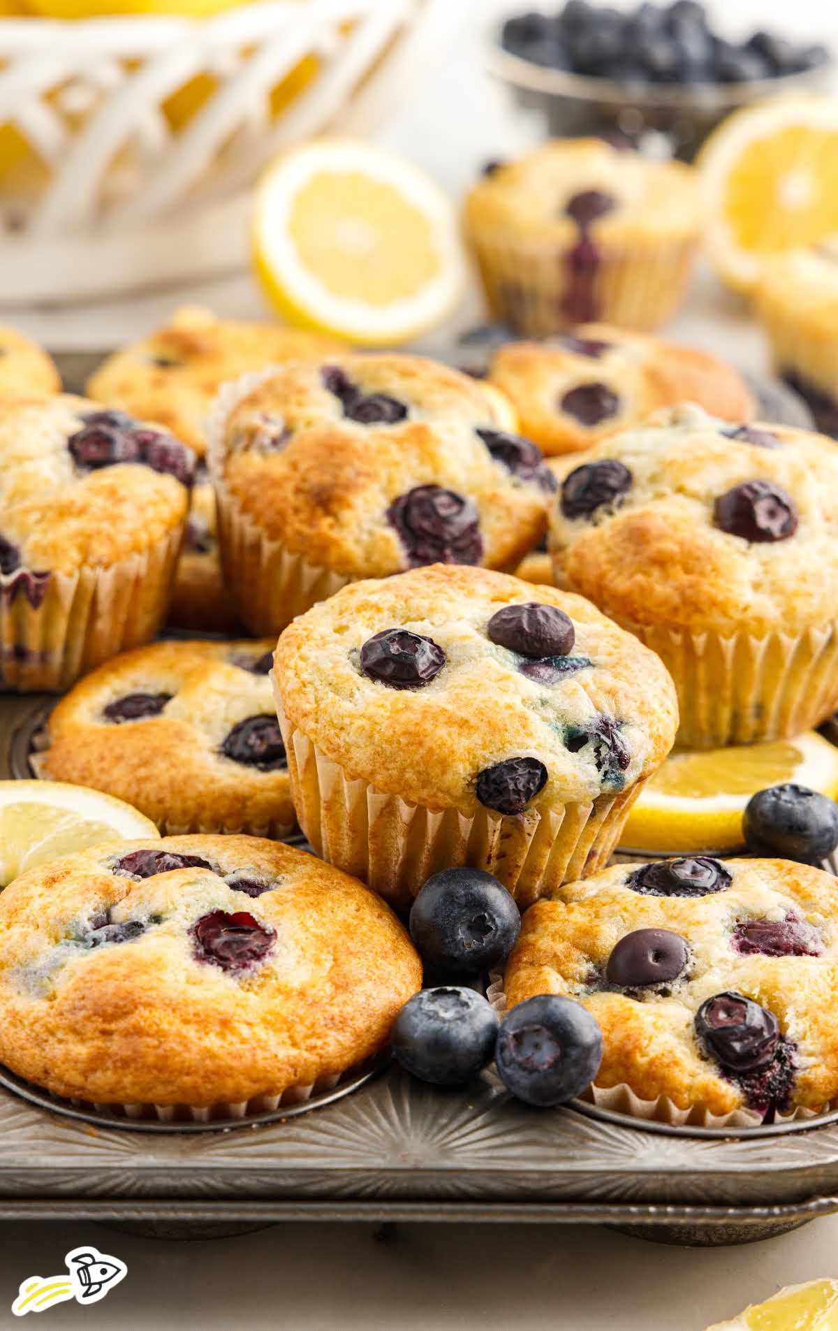 a close up shot of Lemon Blueberry Muffins on top of a muffin tray