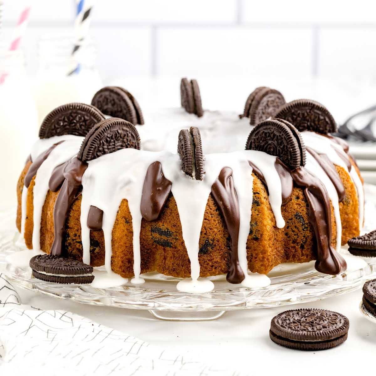close up shot of Oreo Pound Cake on a glass plate