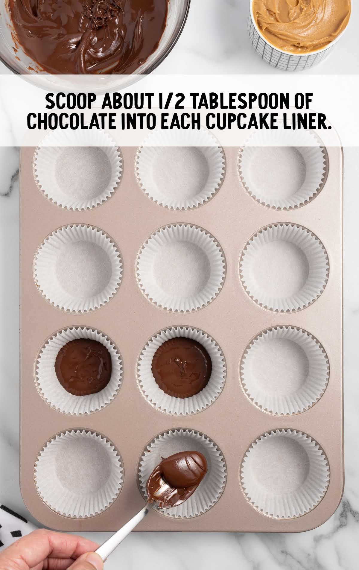 chocolate scooped into each cupcake liner