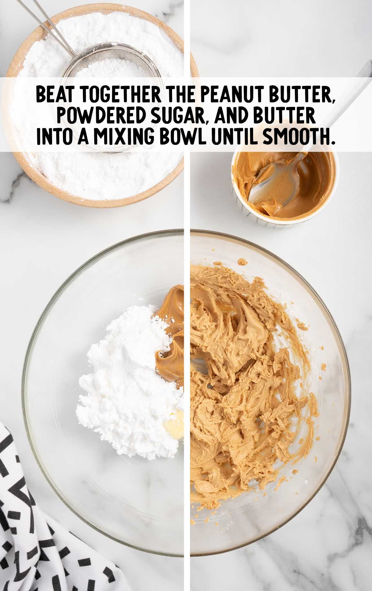 peanut butter, powdered sugar, and butter mixed in a bowl