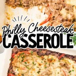 Philly Cheesesteak Casserole garnished with parsley in a baking dish