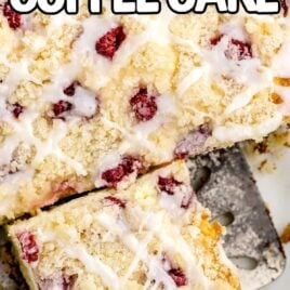 overhead shot of Raspberry Coffee Cake with a spatula grabbing a piece