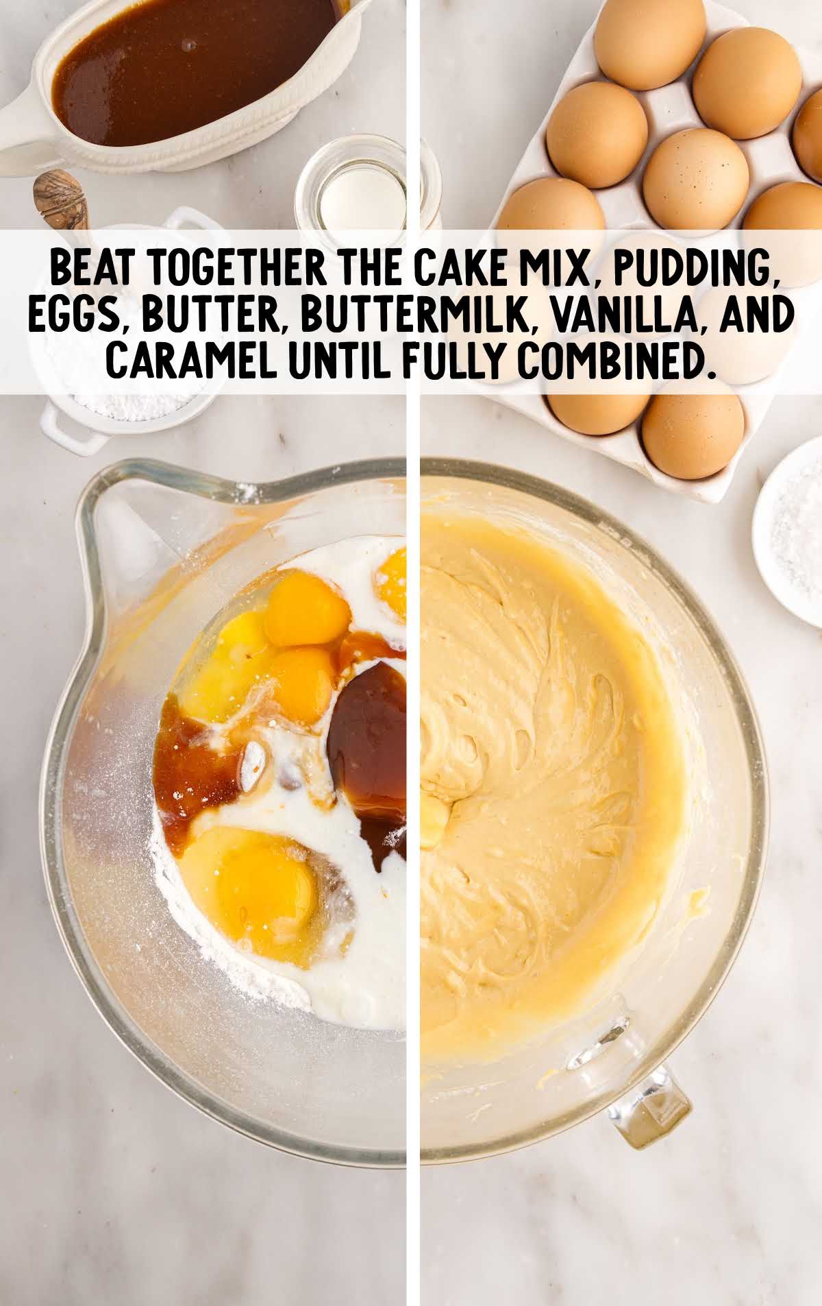 cake mix, instant pudding, eggs, softened butter, buttermilk, vanilla, and caramel combined in a measuring cup