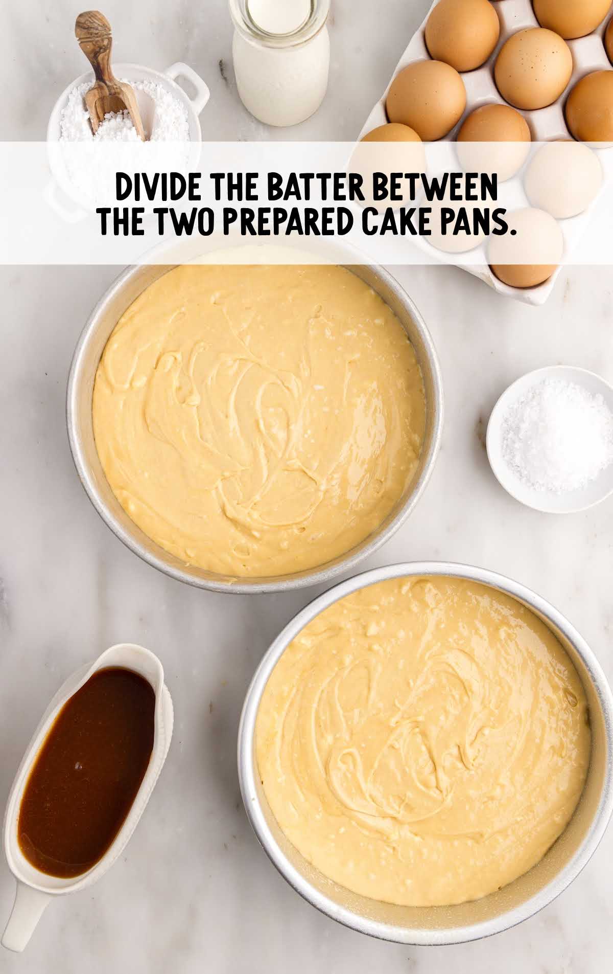 cake batter divided into two cake pans
