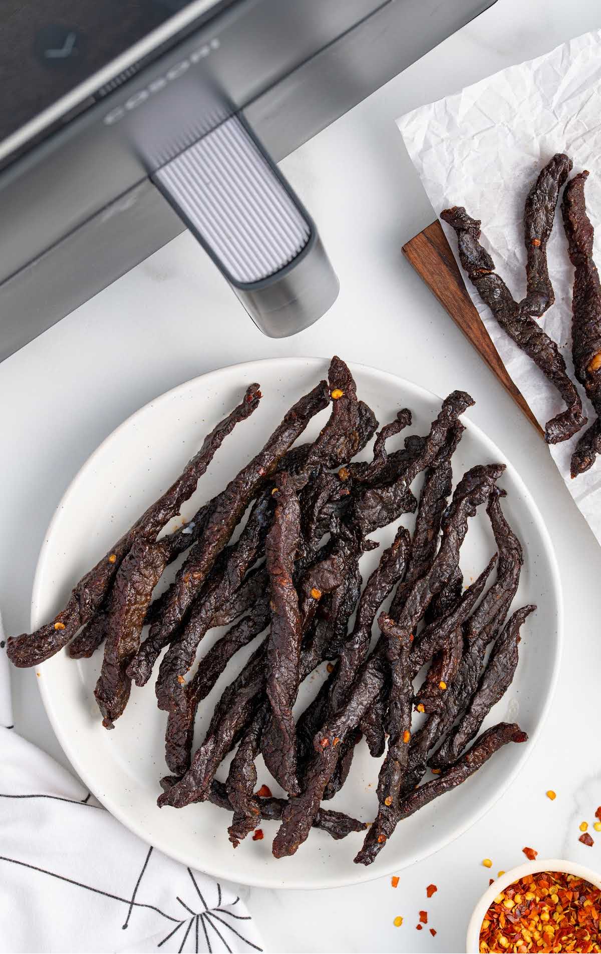 overhead shot of Air Fryer Beef Jerky in a bowl