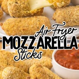a close up shot of Air Fryer Mozzarella Sticks on a plate