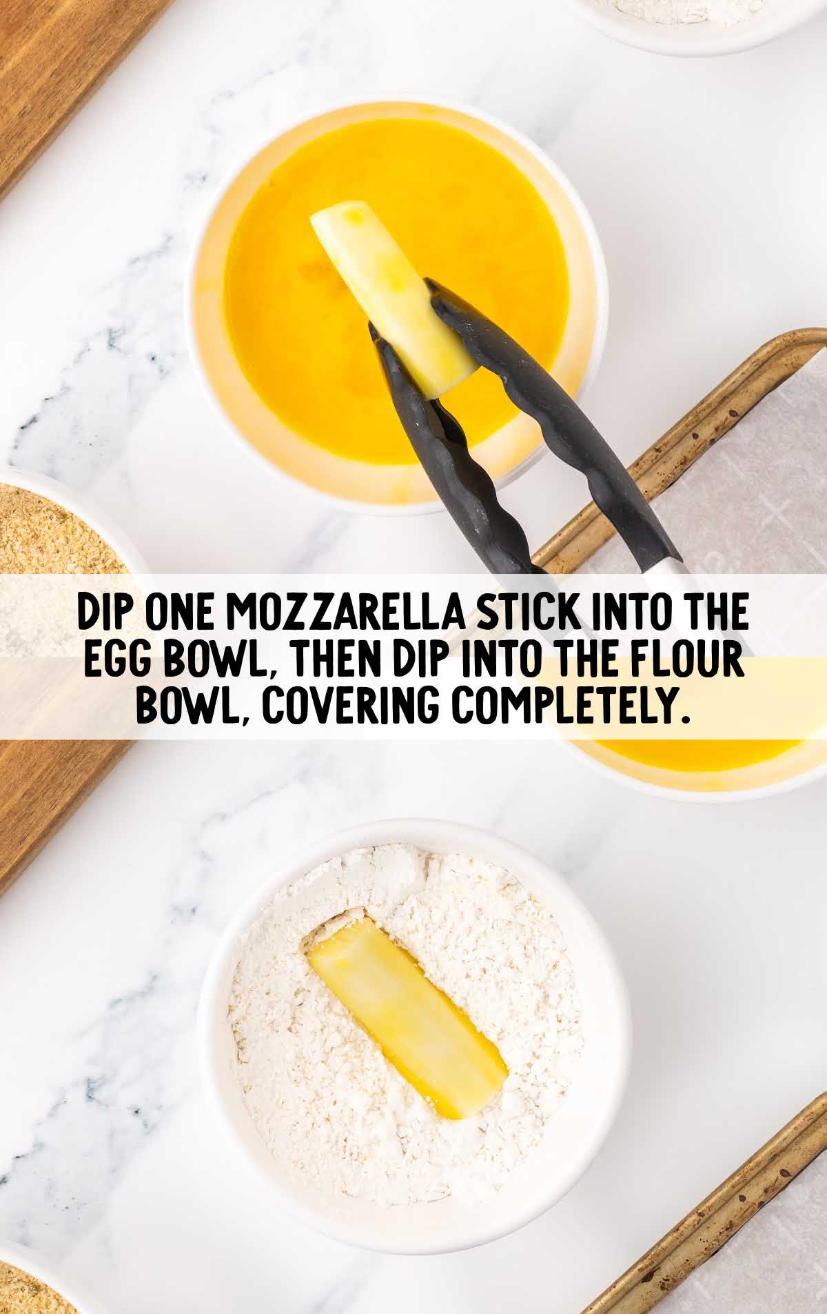 mozzarella stick dipped into the egg bowl and flour