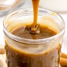 overhead shot of Brown Sugar Sauce in a mason jar