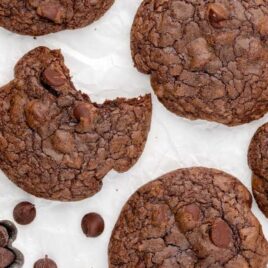 overhead shot of Brownie Mix Cookies on a parchment sheet