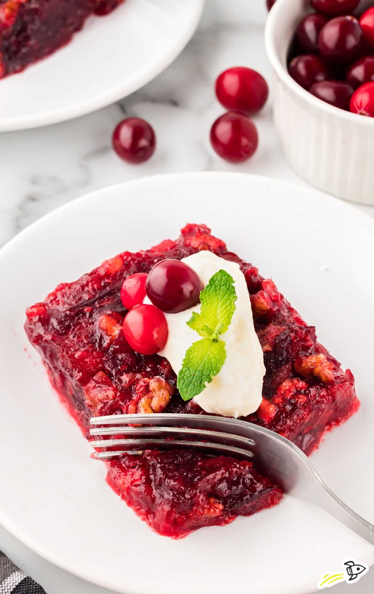 a close up shot of a piece of Cranberry Jello Salad with a fork grabbing a piece