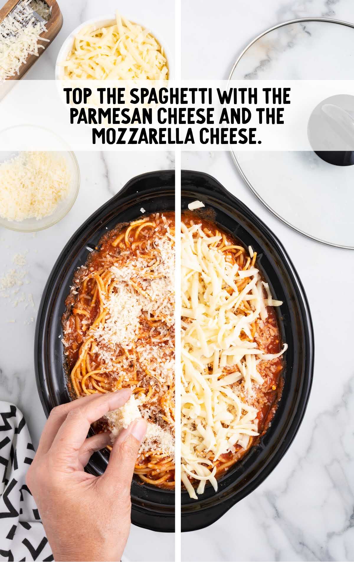 spaghetti toped with parmesan and mozzarella in a crockpot