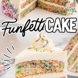 cake topped with frosting and rainbow sprinkles on a cake stand and a slice of confetti cake on a plate