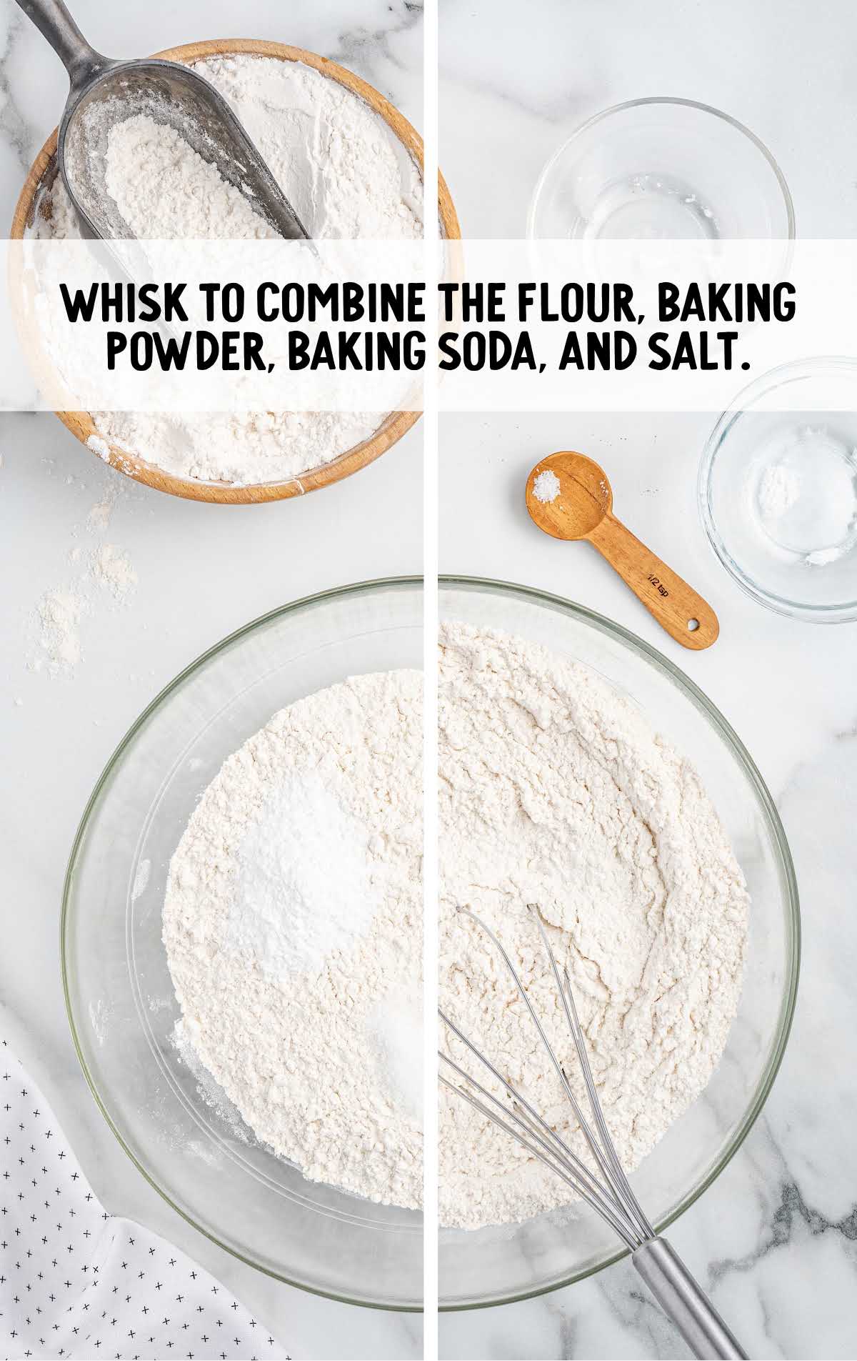 flour, baking powder, baking soda, and salt combined in a bowl
