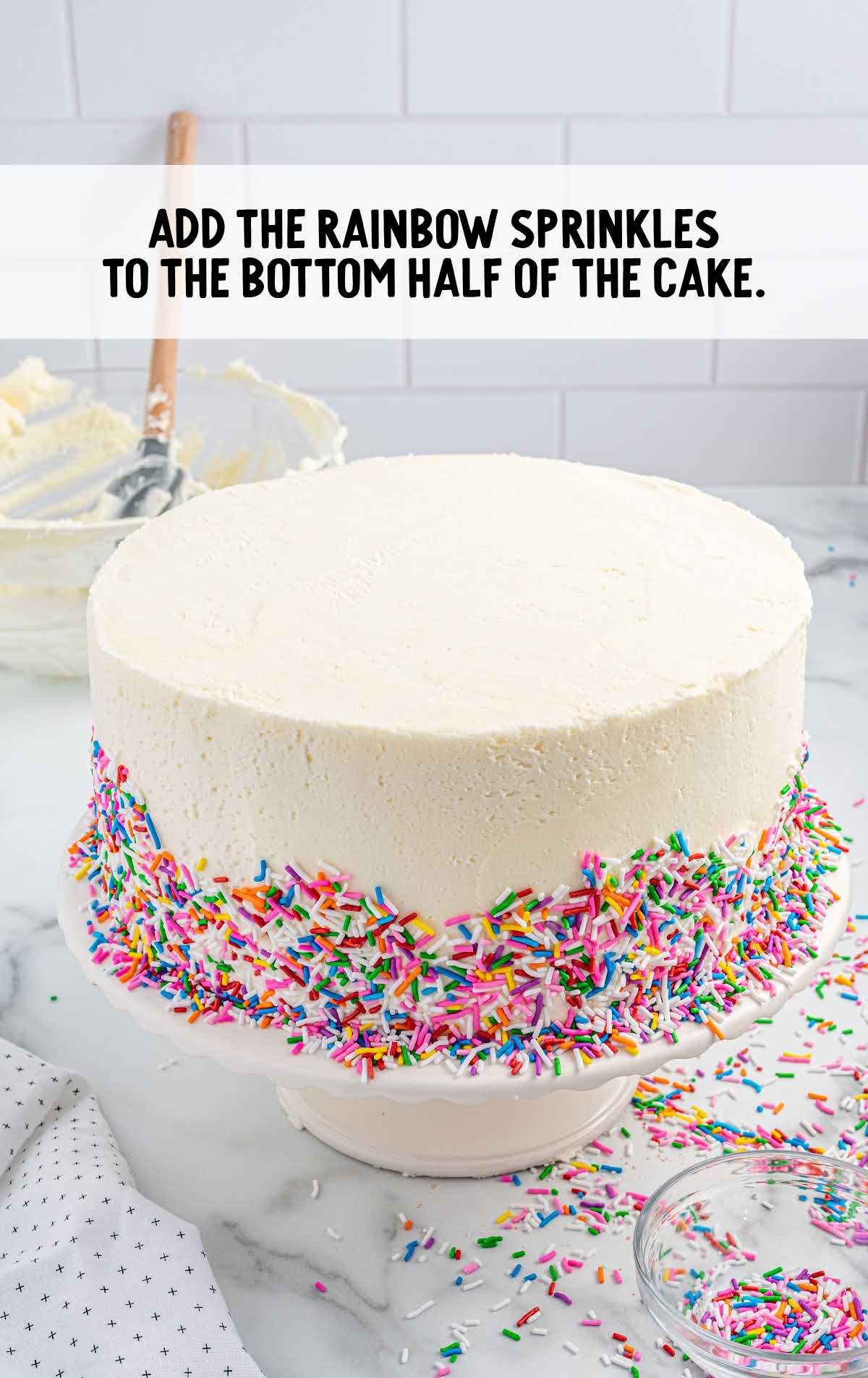 rainbow sprinkles sprinkled at the bottom of the cake