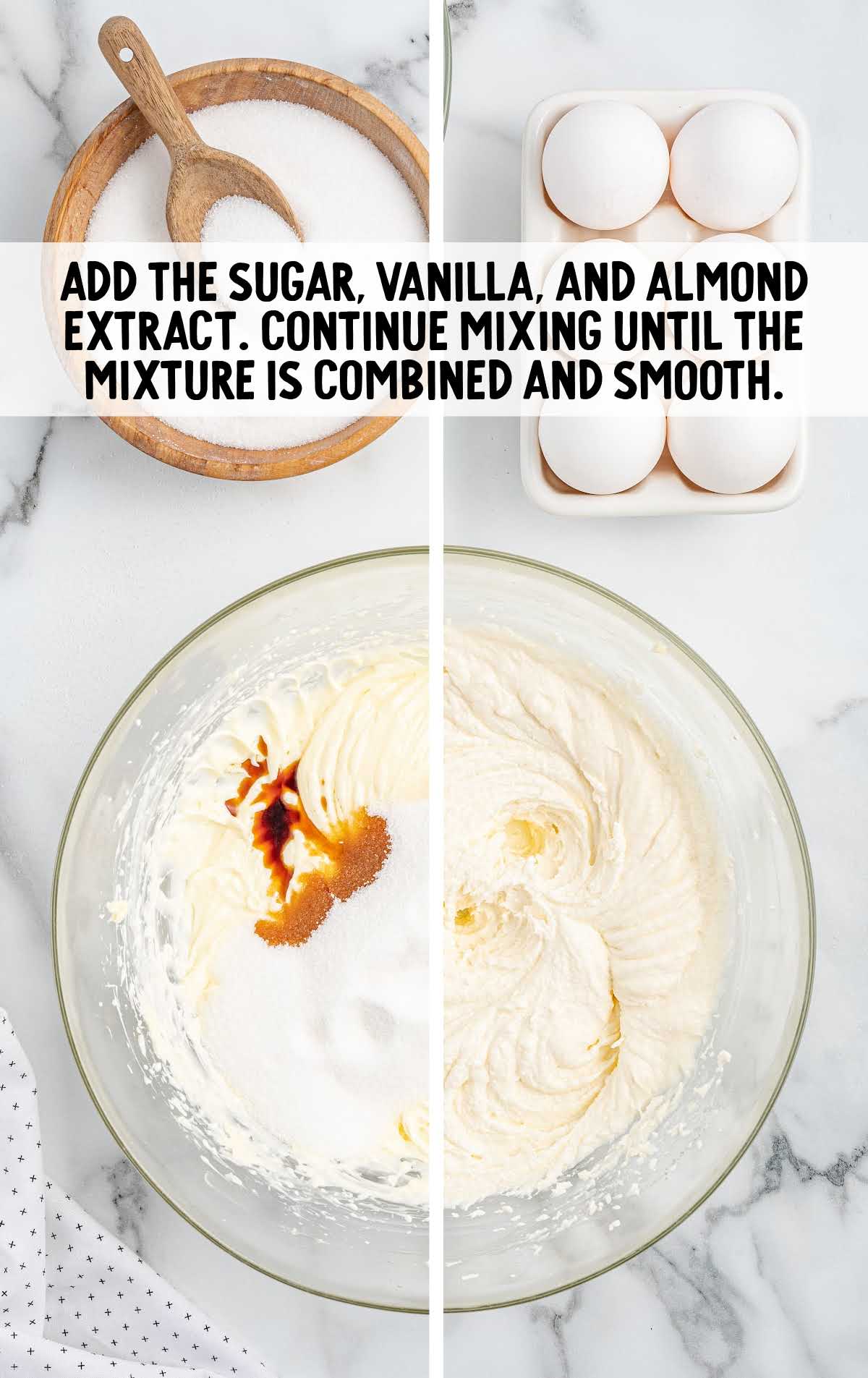 sugar, vanilla, and almond extract combined in a bowl