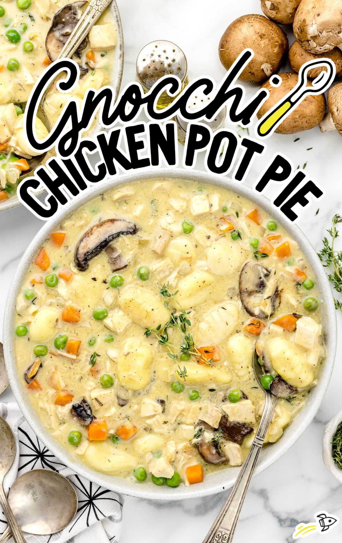 overhead shot of Gnocchi Chicken Pot Pie in a bowl