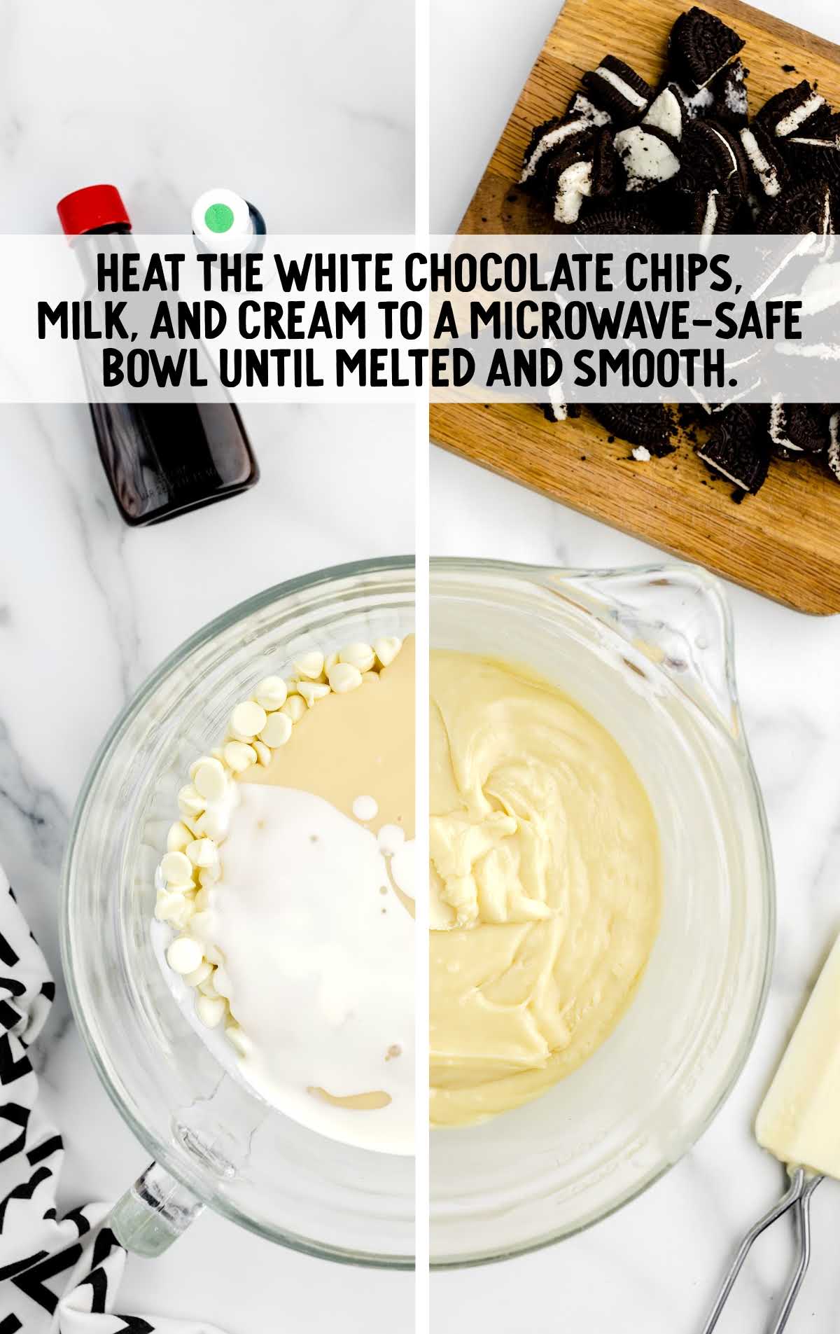 white chocolate chips, milk, and cream heated until melted