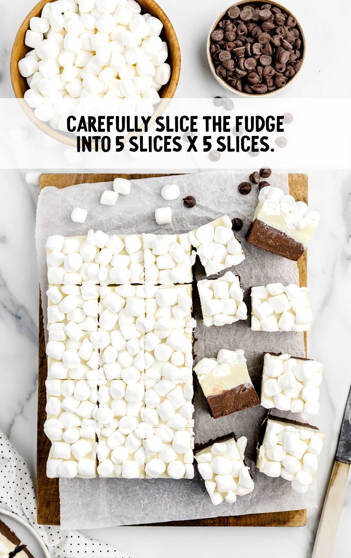 fudge sliced into 5 slices