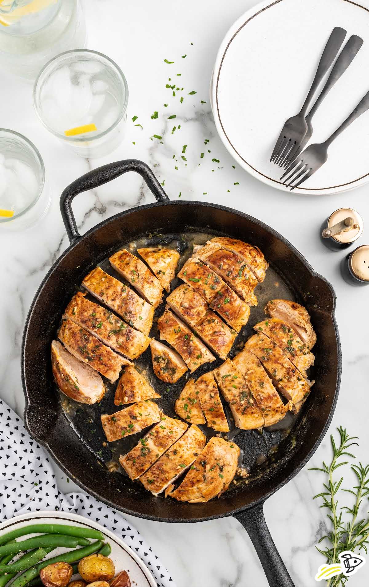 overhead shot of Pan-Seared Chicken in a skillet