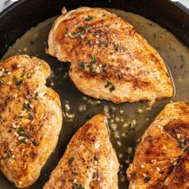 overhead shot of Pan-Seared Chicken in a skillet