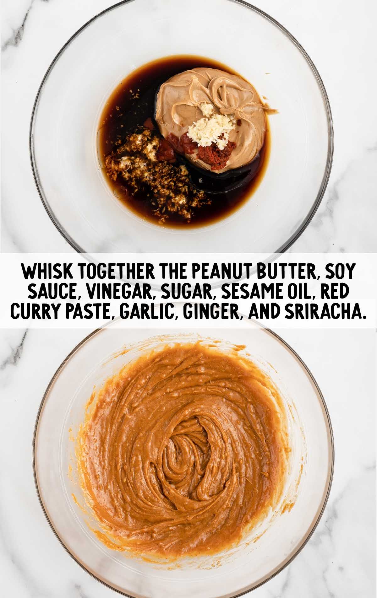 peanut butter, soy sauce, vinegar, sugar, seasame oil, red curry paste, garlic, ginger and sriracha whisked together