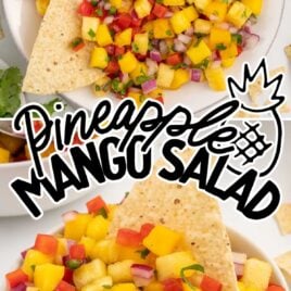 overhead shot of Pineapple Mango Salsa in a plate with a chip