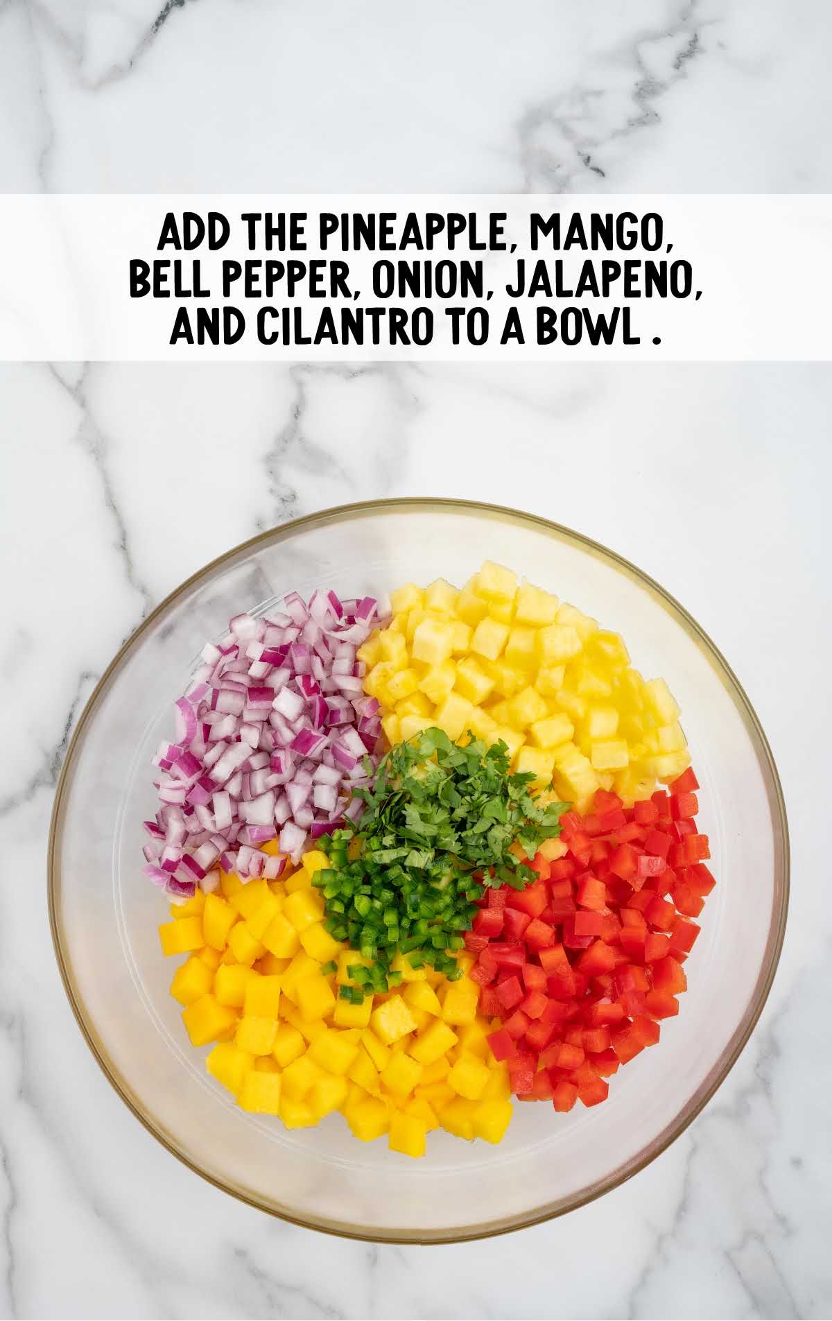 pineapple, mango, bell peppers, onion, jalapeno, and cilantro added to a bowl