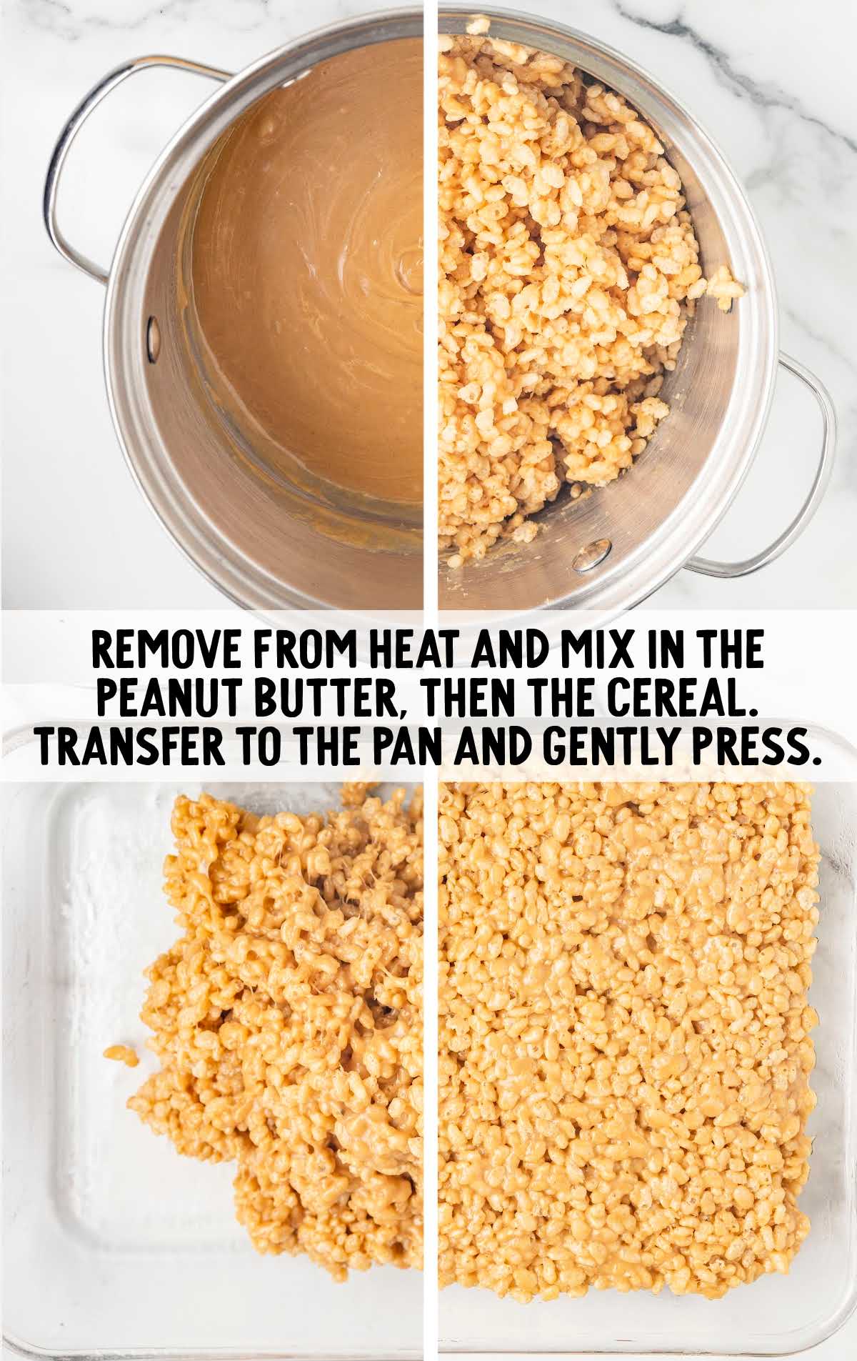 peanut butter and cereal combined in a pan