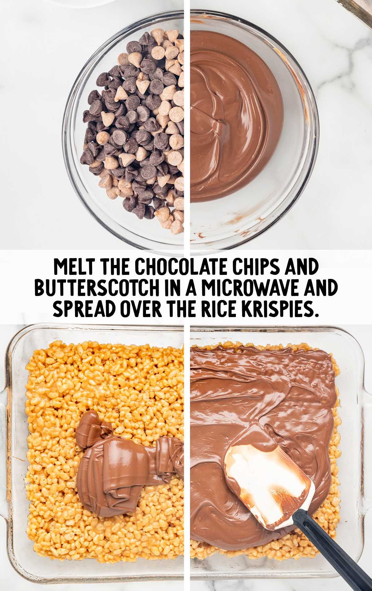 chocolate chips and butterscotch melted together and spread on top of the rice krispies