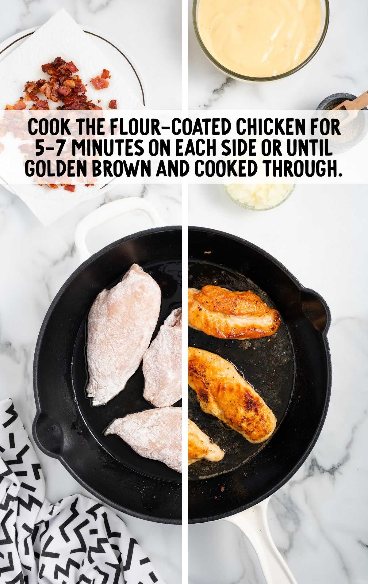 flour coated chicken cooked on both sides