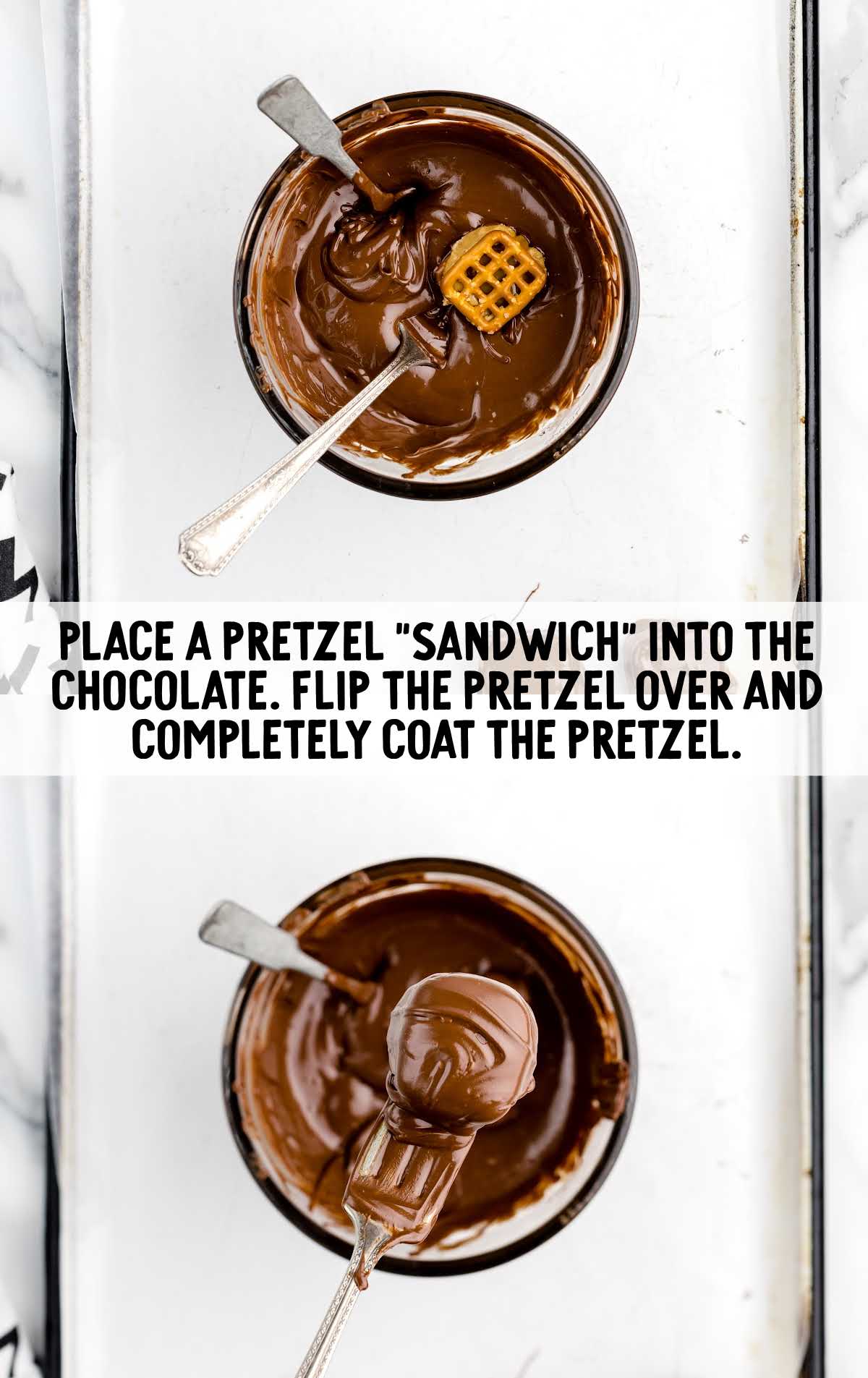 pretzels dipped in a bowl of melted chocolate