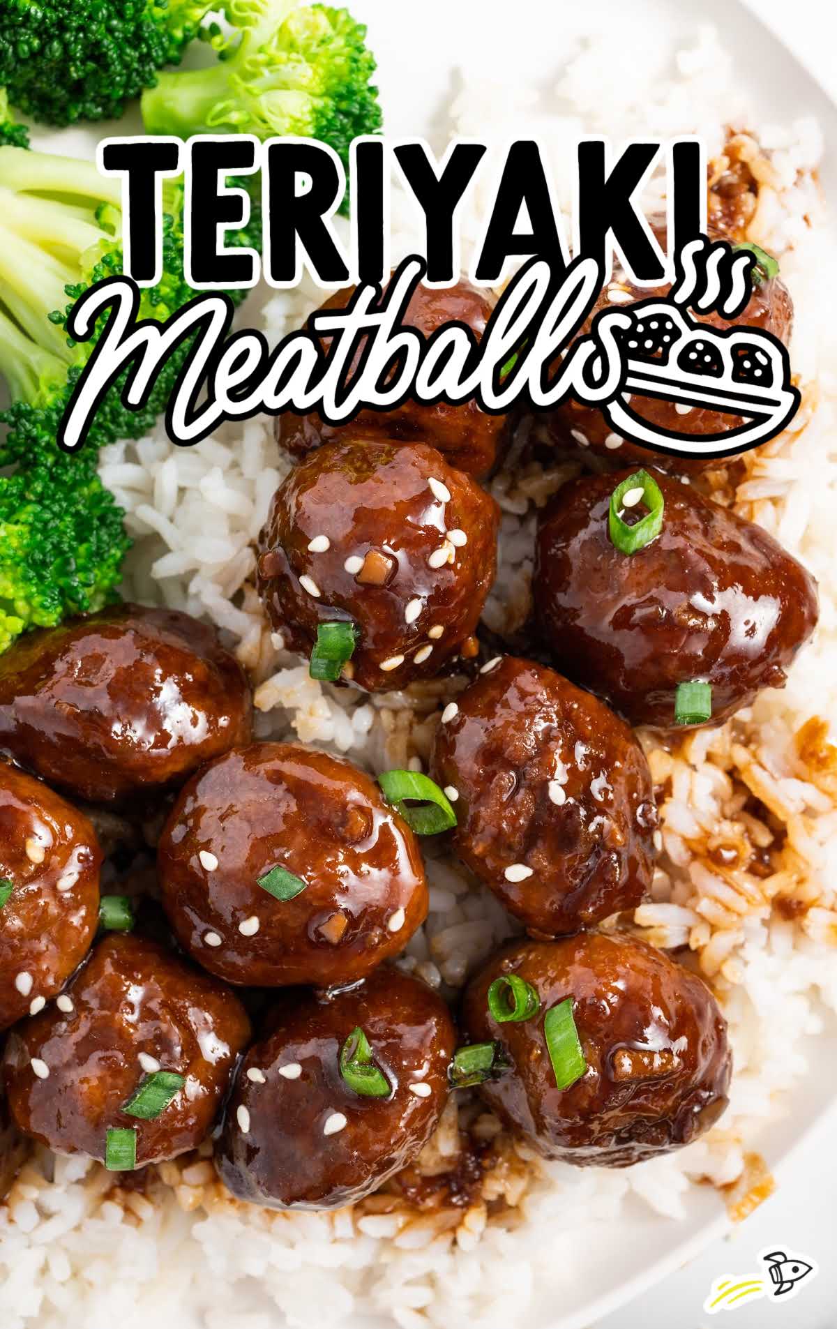 overhead shot of Teriyaki Meatballs with broccoli and rice on a plate