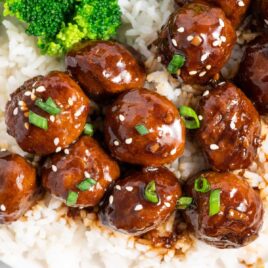overhead shot of Teriyaki Meatballs with broccoli and rice