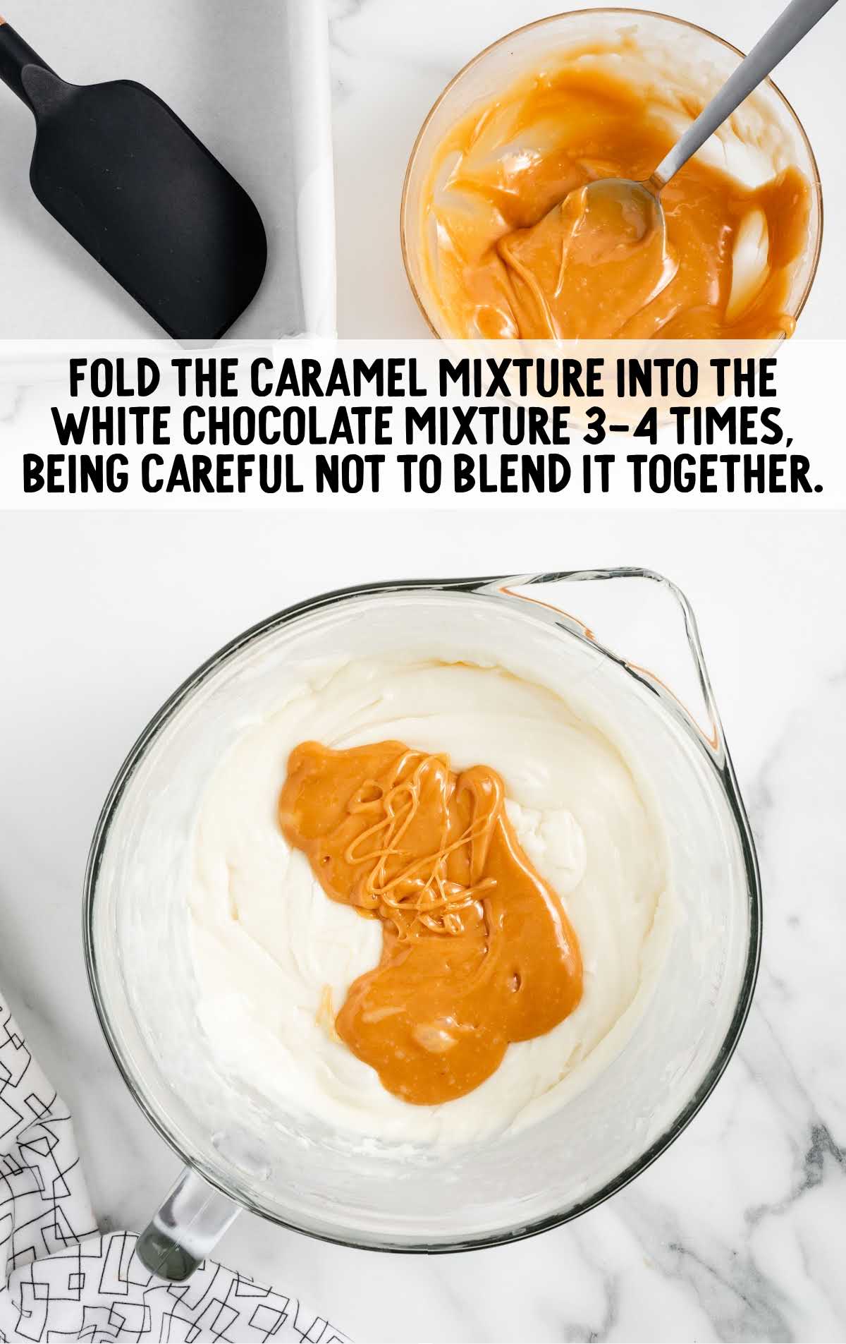 caramel mixture folded into the white chocolate mixture in a bowl