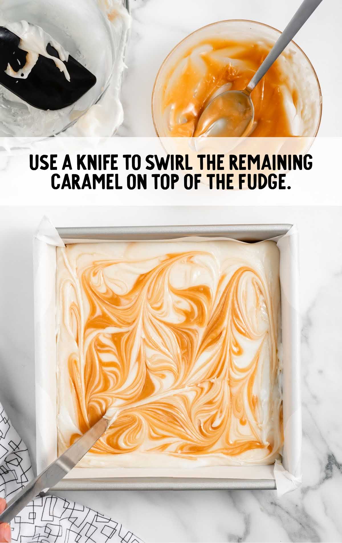 chocolate and caramel mixture swirled together with a knife in a baking dish