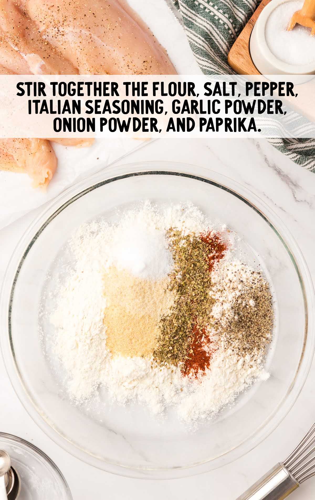 flour, salt, pepper, Italian seasoning, garlic powder, onion powder, and paprika stirred together