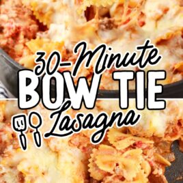 close up shot of Bow Tie Lasagna in a skillet with a spoon grabbing a piece