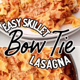 close up shot of Bow Tie Lasagna on a plate with a spoon grabbing a piece